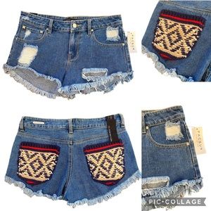 P.S. Erin Wasson High Rise Destroyed Jean Shorts with Crocheted Back Pockets 28
